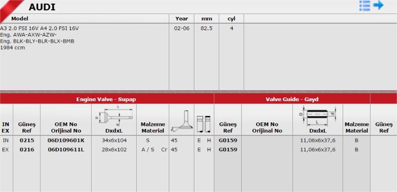 Takım Subap (16V) (Audi A3, Audi A4, Volkswagen Golf 20 FSI)