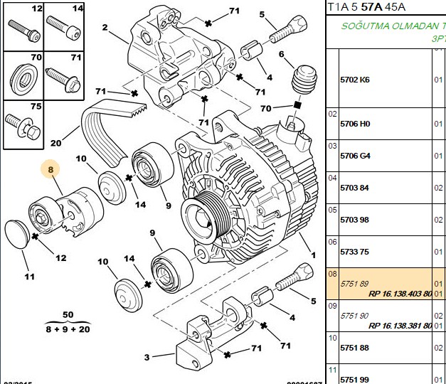Alternatör Gergi Rulmanı (Peugeot P206, P307, P407, Partner, Citroen Berlingo, C3, C5 II, Xsara, Klimalı)