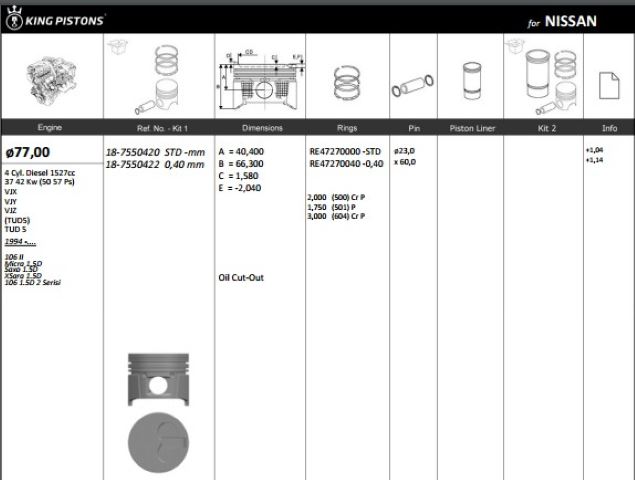 Kingpiston Piston 77.00 mm (0.40) (Peugeot P106, Citroen Saxo, Xsara, Nissan Micra 1.5D TUD5)