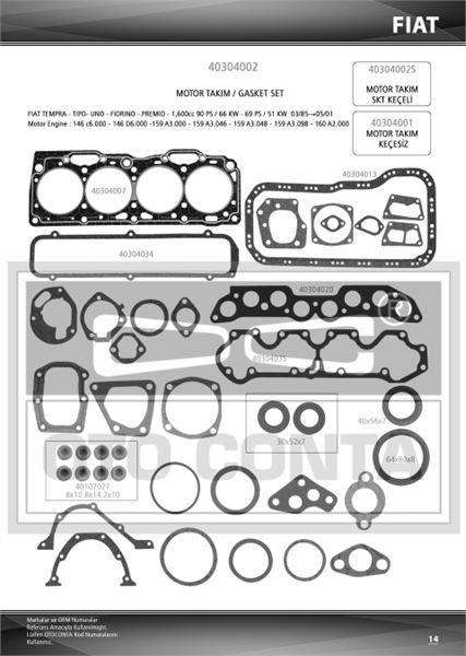 MOTOR FULL TAKIM CONTASI SKT KECELI SUBAP LASTIKLI SILINDIR KAPAK CONTALI STANDART 1.80 mm FIAT TEMPRA SLX 1.6 159 A3.000 A3.048 159 A3.048